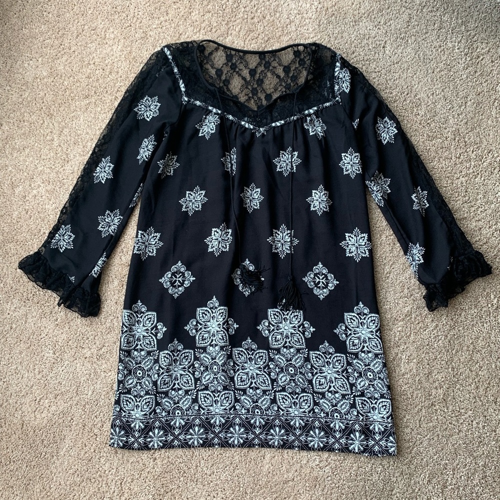 VENUS Black & White Boho Tunic Peasant Dress